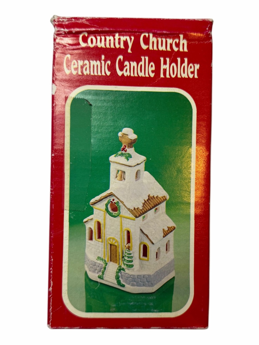 Vintage Country Church Ceramic Candle Holder Christmas Tea light House W/Box